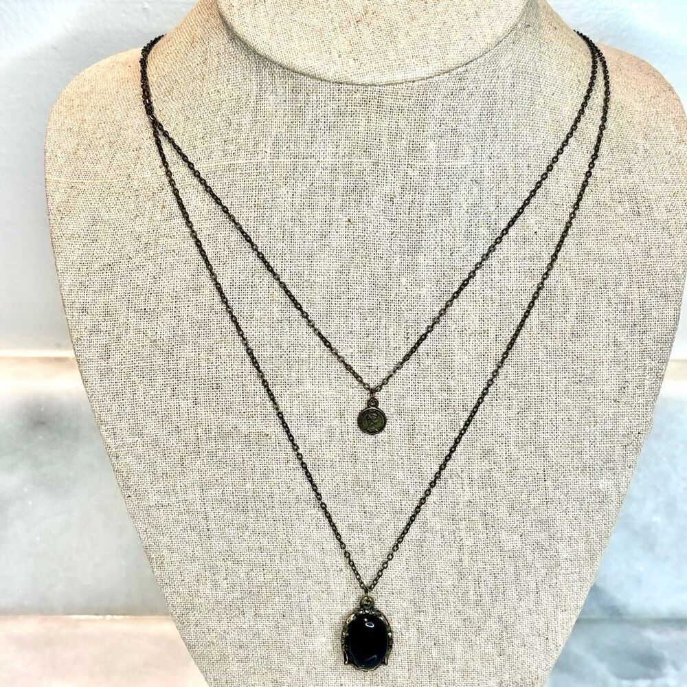 LA Double Strand Layered Stone & Metal Pendant Signed Necklace Bronze 28"